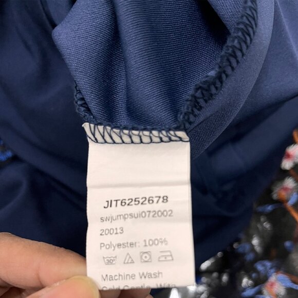 Navy Blue Embroidered Sheer Sleeve Chic Jumpsuit - Picture 4 of 5